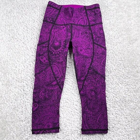 Lululemon Outrun Crop Legging Purple Mesh Antique Paisley Deep Fuchsia Black - Picture 2 of 13